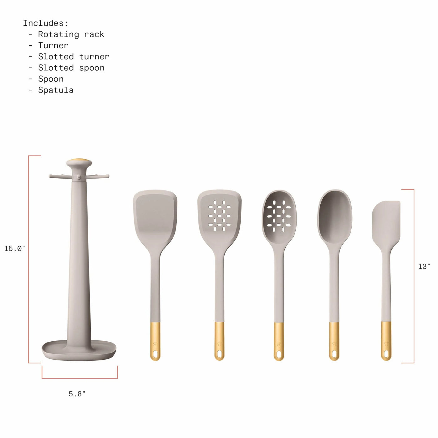 Beautiful 6-Piece Silicone Kitchen Utensil Tool Set with Rotating Rack By, Porcini Taupe, for Cooking, Mixing, Serving and Nonstick Cookware