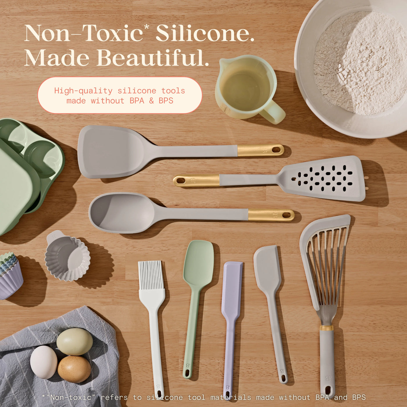 Beautiful 6-Piece Silicone Kitchen Utensil Tool Set with Rotating Rack By, Porcini Taupe, for Cooking, Mixing, Serving and Nonstick Cookware