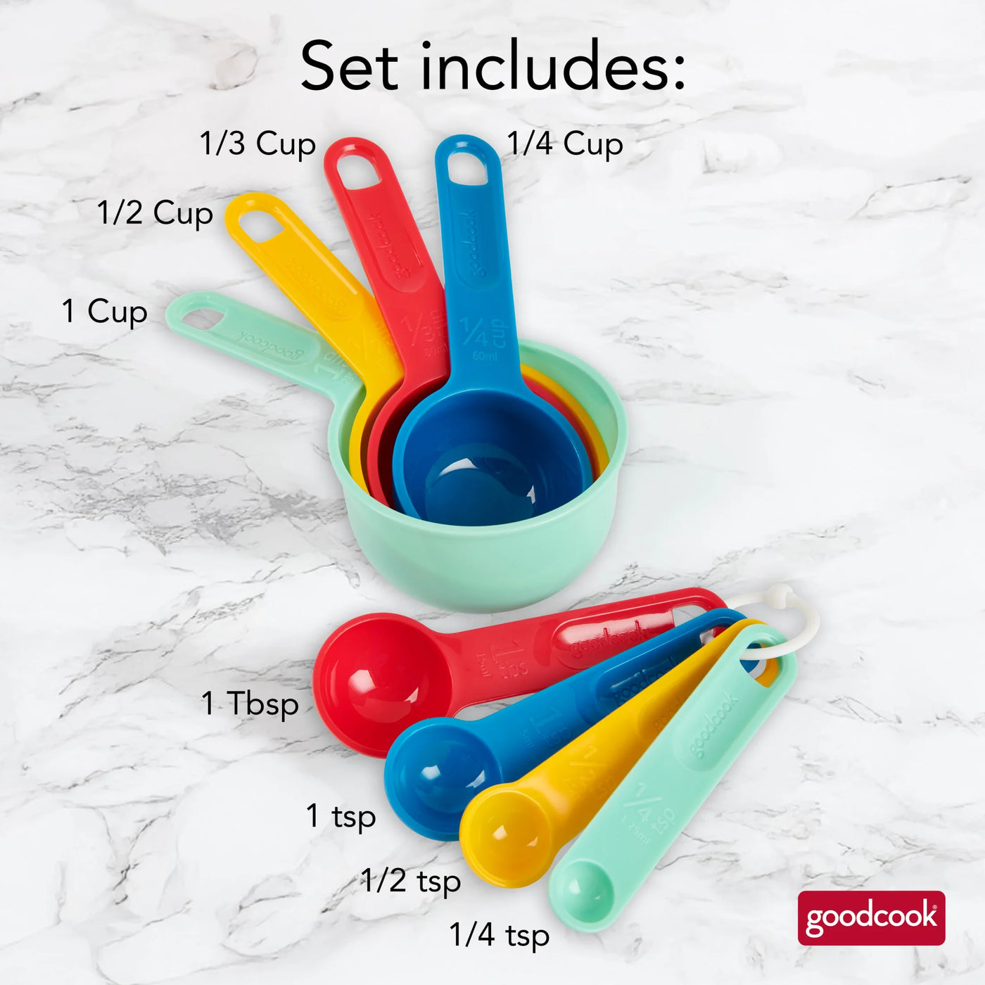 8-Piece Nesting Measuring Cups and Spoons Set with Storage Ring, for Cooking, Mixing, Serving and Nonstick Cookware