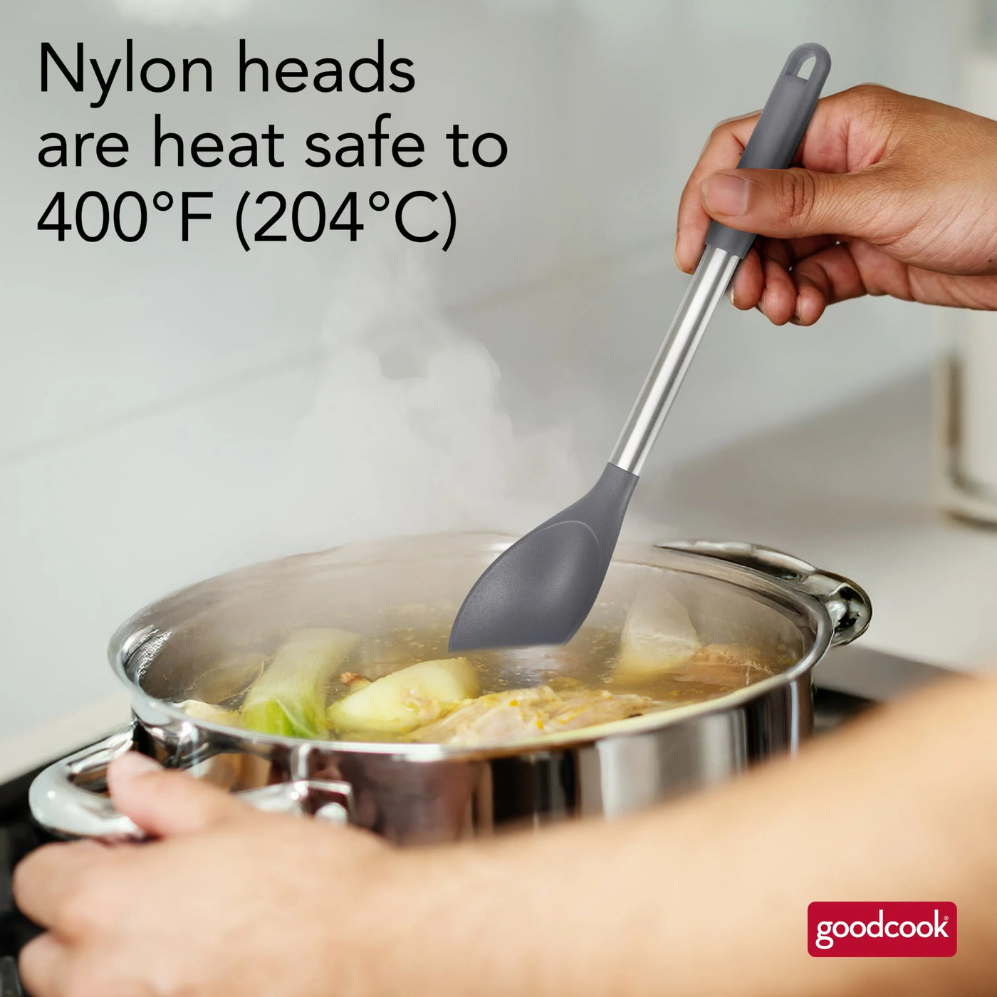 2-Piece Turner and Spoon Set for Kitchen Cooking, Stainless Steel with Nylon Heads, for Cooking, Mixing, Serving and Nonstick Cookware