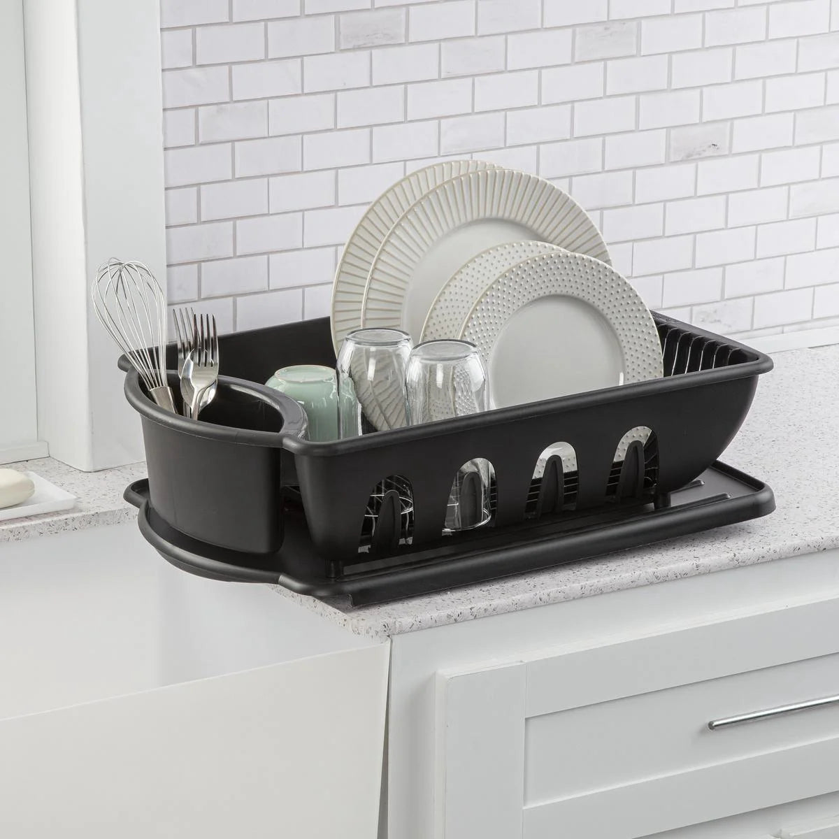 Dish Drying Rack, Heavy Duty Hard Plastic Drying Rack, Dish Drainer for Kitchen Counter with Drainboard Set, with Silverware Holder