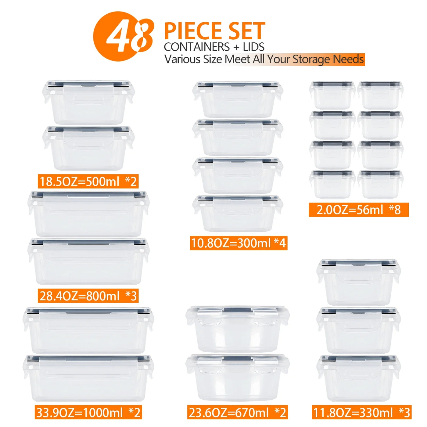 48-Piece Plastic Food Storage Containers with Lids (24 Containers and 24 Lids), Leakproof BPA-FREE Containers for Kitchen Organization, Meal Prep