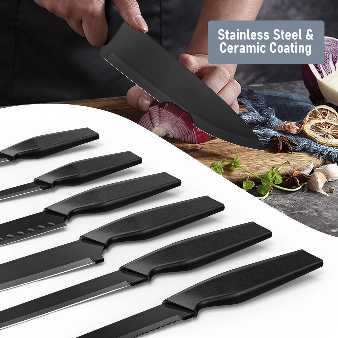 13-Piece Kitchen Knife Set, Stainless Steel Chef Knives with Sharpener and Blade Guards, Nonstick Coating, Dishwasher Safe, Black