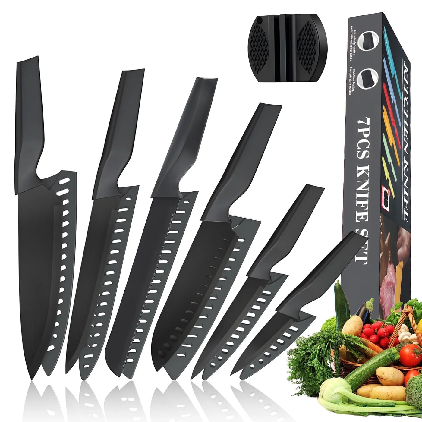 13-Piece Kitchen Knife Set, Stainless Steel Chef Knives with Sharpener and Blade Guards, Nonstick Coating, Dishwasher Safe, Black