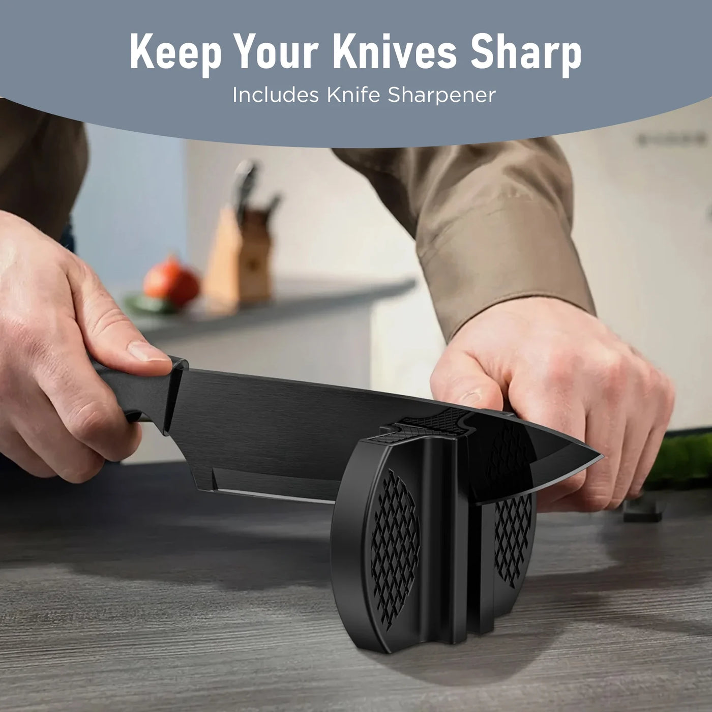 13-Piece Kitchen Knife Set, Stainless Steel Chef Knives with Sharpener and Blade Guards, Nonstick Coating, Dishwasher Safe, Black