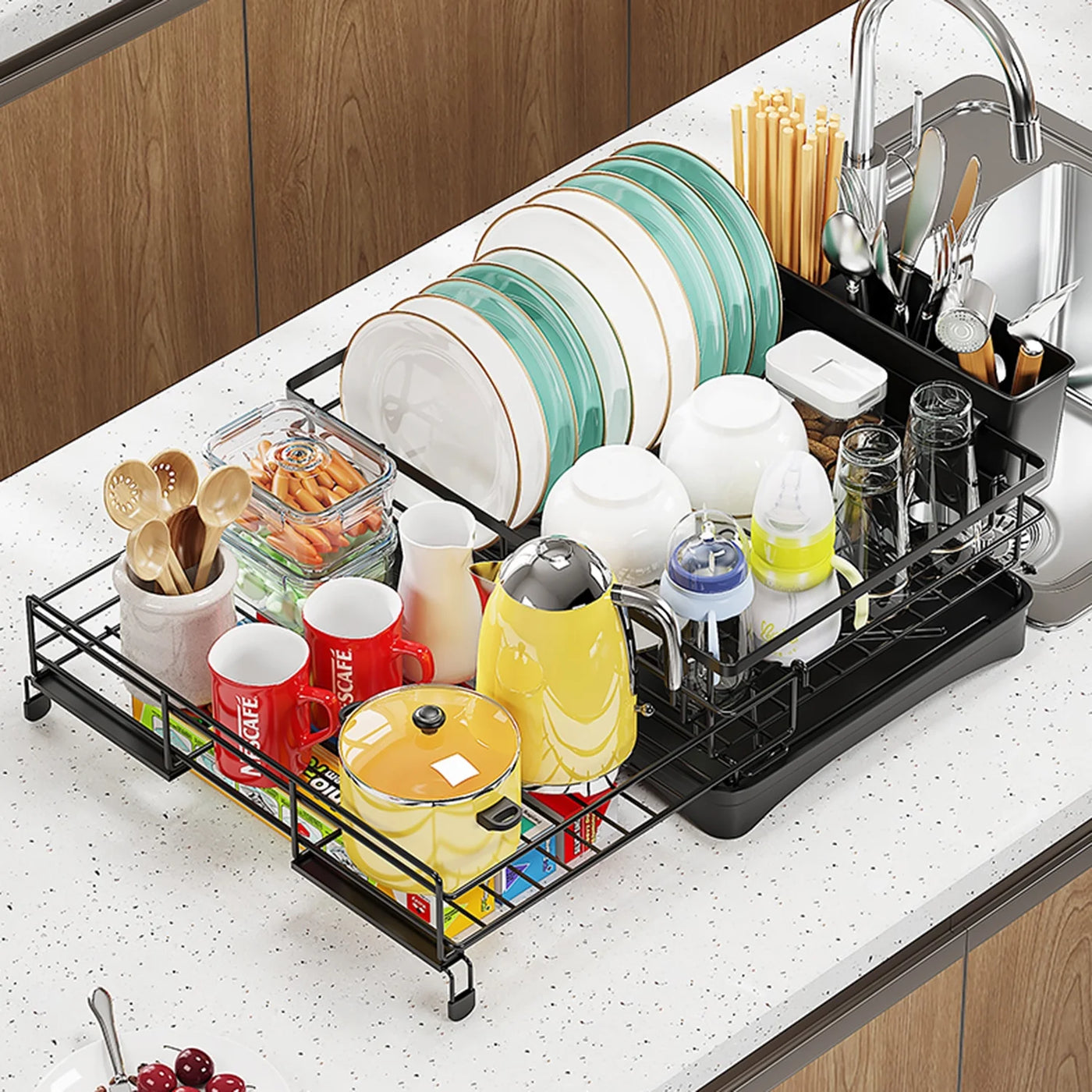 Large Capacity Dish Drying Rack, Compact Stainless Steel Dish Rack with Utensil Holder, Space-saving Storage and Organizer for Kitchen Countertop