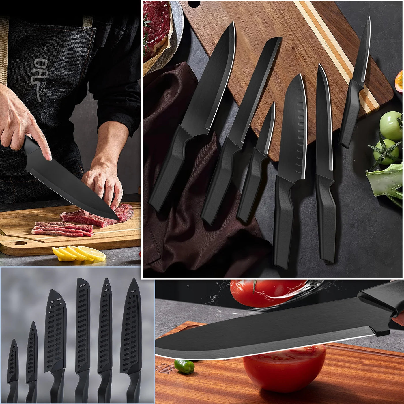 13-Piece Kitchen Knife Set, Stainless Steel Chef Knives with Sharpener and Blade Guards, Nonstick Coating, Dishwasher Safe, Black