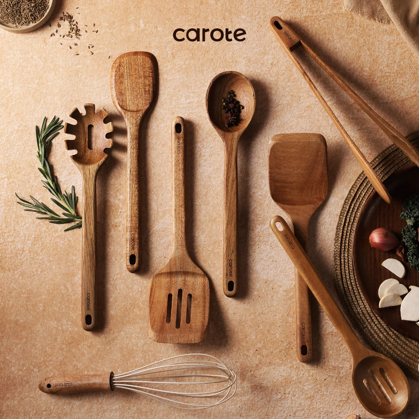 8-Piece Wooden Cooking Utensils Set for Kitchen, Acacia Wood Utensils Set, for Cooking, Mixing, Serving and Nonstick Cookware