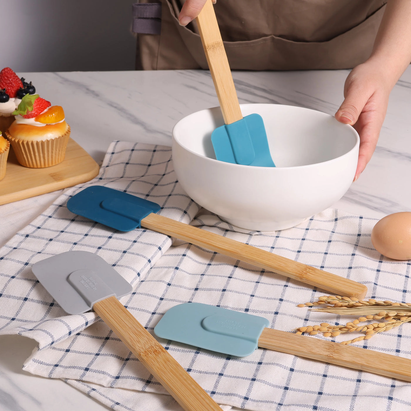 Silicone Spatulas Set 4 with Bamboo Handles, Blue, for Cooking, Mixing, Serving and Nonstick Cookware