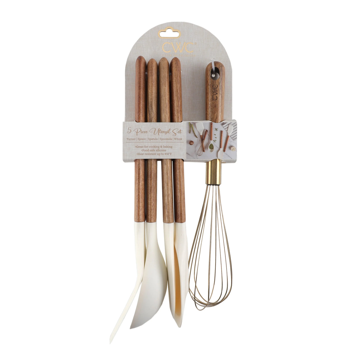Cook with Color 5-Piece Wooden Cooking Utensils Set with Silicone Heads, Stylish and Durable Kitchen Tools