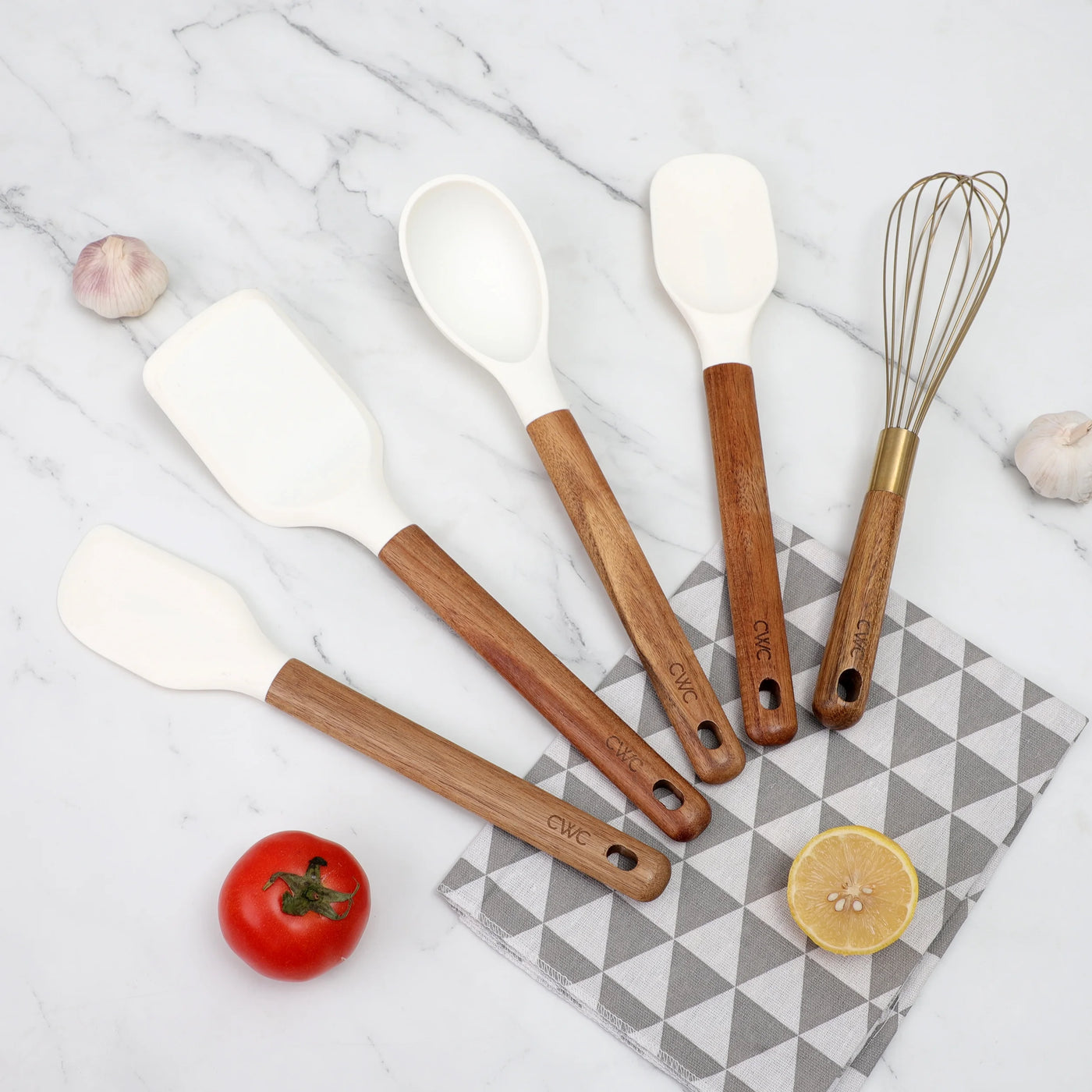Cook with Color 5-Piece Wooden Cooking Utensils Set with Silicone Heads, Stylish and Durable Kitchen Tools
