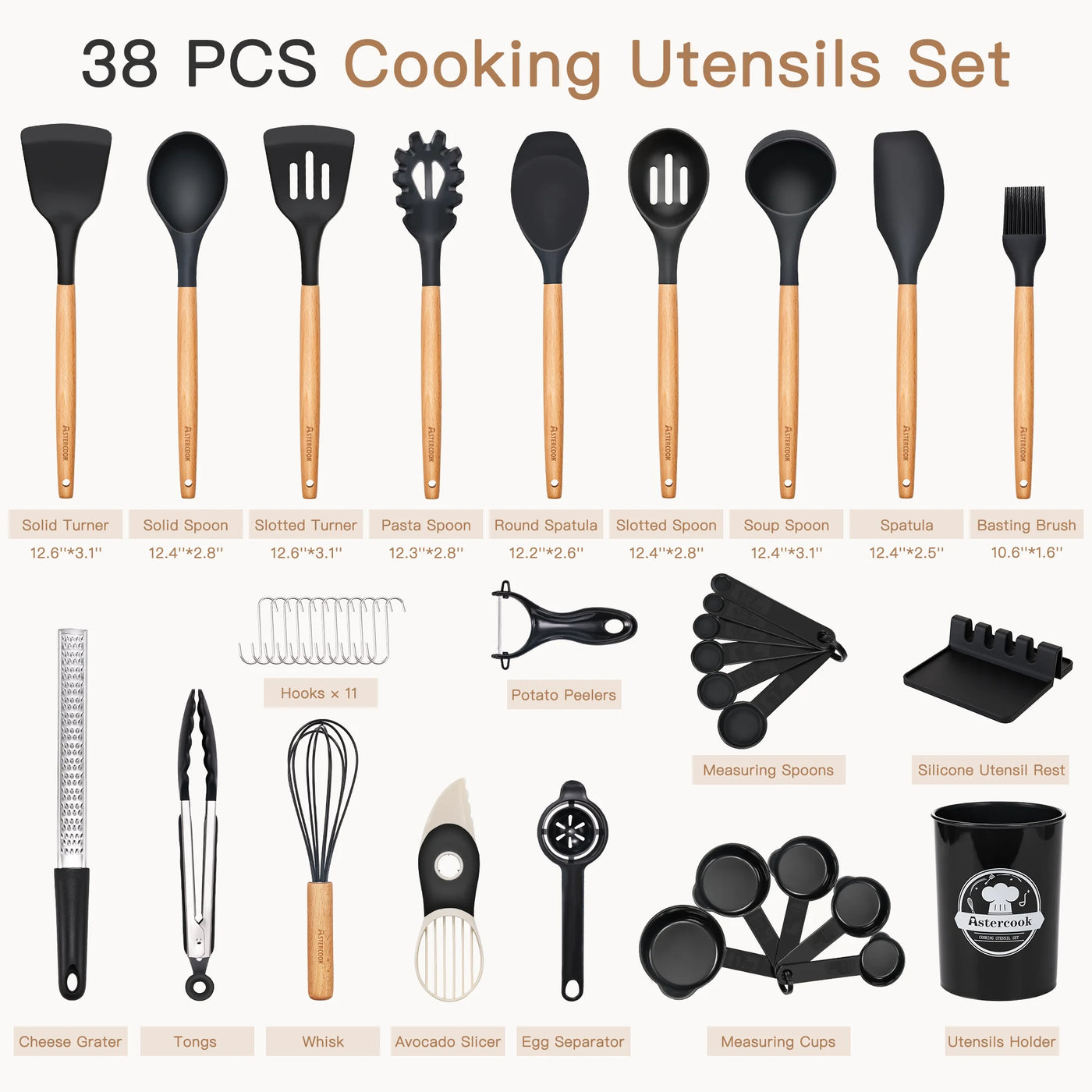 Silicone Cooking Utensils Set, 38-Piece Kitchen Utensils Set for 446°F Heat Resistant, Food Grade Utensil Sets with Wooden Handle