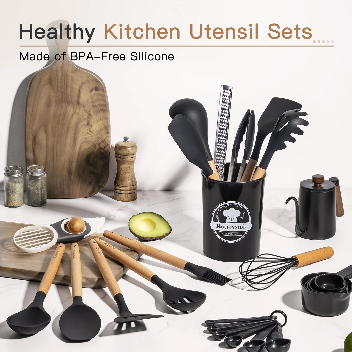 Silicone Cooking Utensils Set, 38-Piece Kitchen Utensils Set for 446°F Heat Resistant, Food Grade Utensil Sets with Wooden Handle