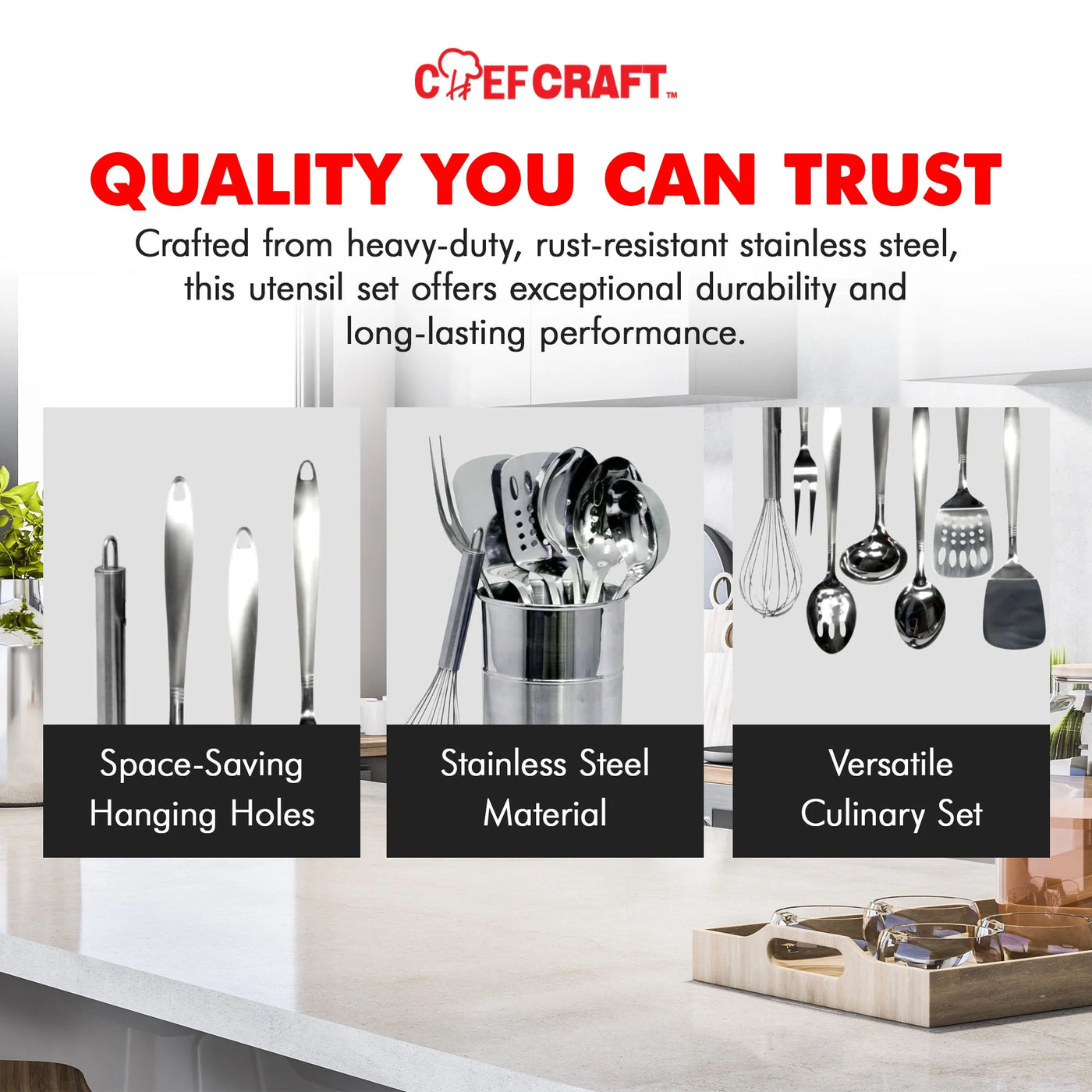 Kitchen Tool and Utensil Set, 8-Piece Set, Stainless Steel, for Cooking, Mixing, Serving and Nonstick Cookware