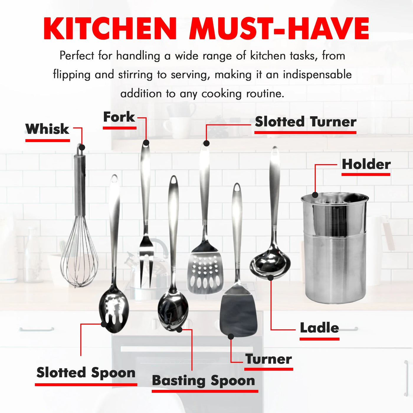 Kitchen Tool and Utensil Set, 8-Piece Set, Stainless Steel, for Cooking, Mixing, Serving and Nonstick Cookware