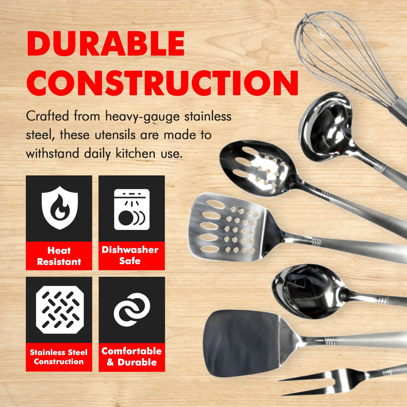 Kitchen Tool and Utensil Set, 8-Piece Set, Stainless Steel, for Cooking, Mixing, Serving and Nonstick Cookware