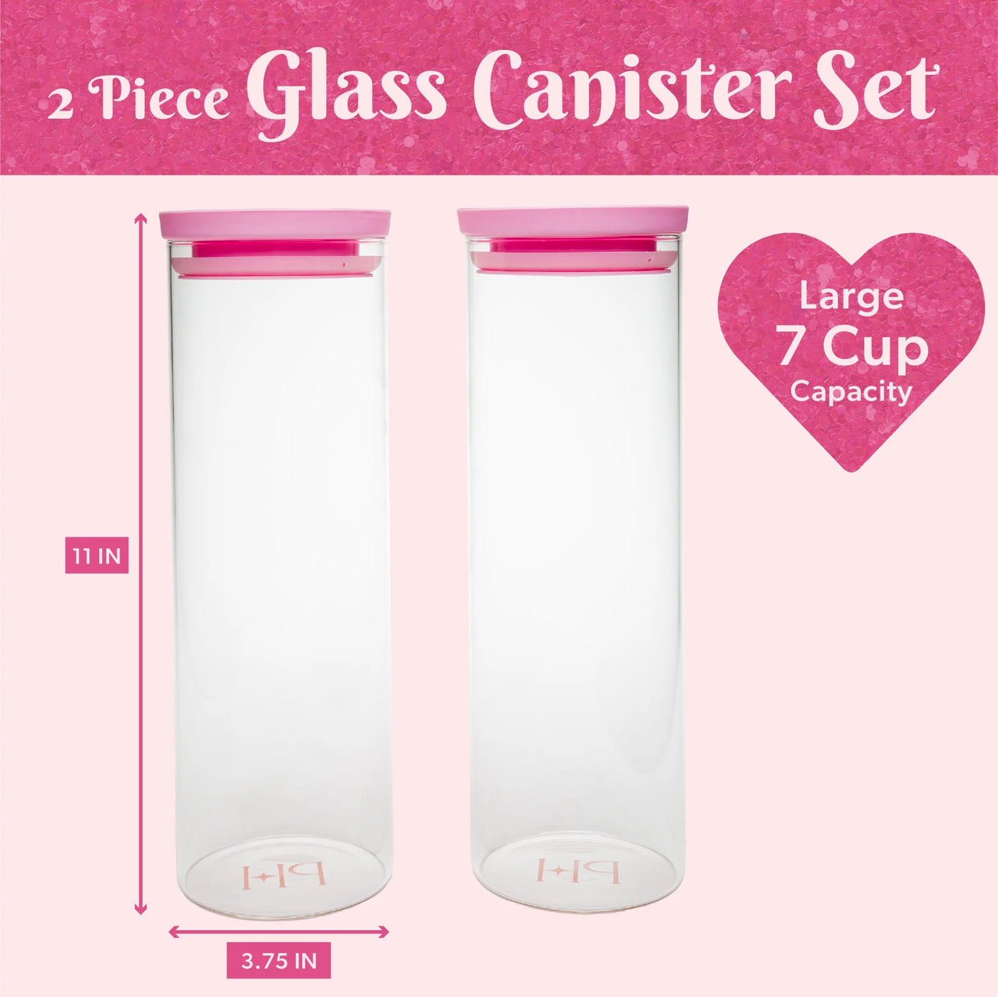 2-Piece Glass Food Storage Canister Set with Lids, Kitchen Containers for Flour, Sugar, and Pasta, 7 Cup Capacity, Pink