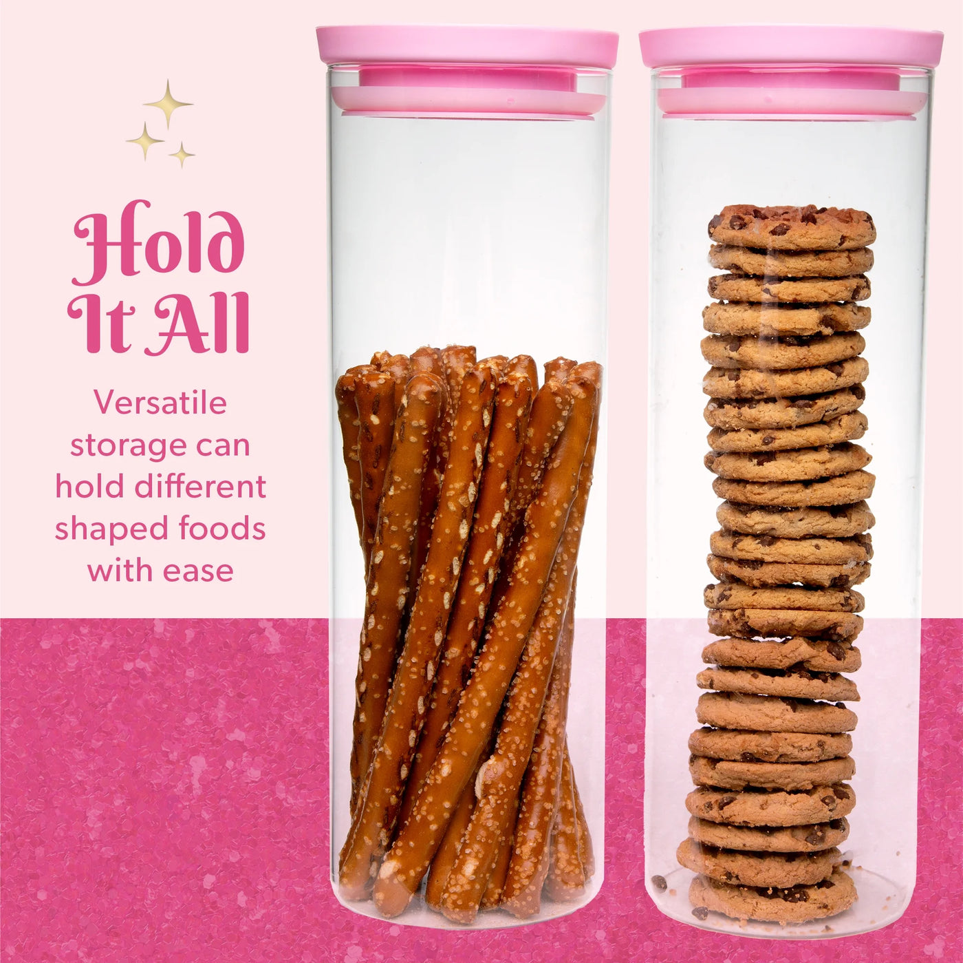 2-Piece Glass Food Storage Canister Set with Lids, Kitchen Containers for Flour, Sugar, and Pasta, 7 Cup Capacity, Pink