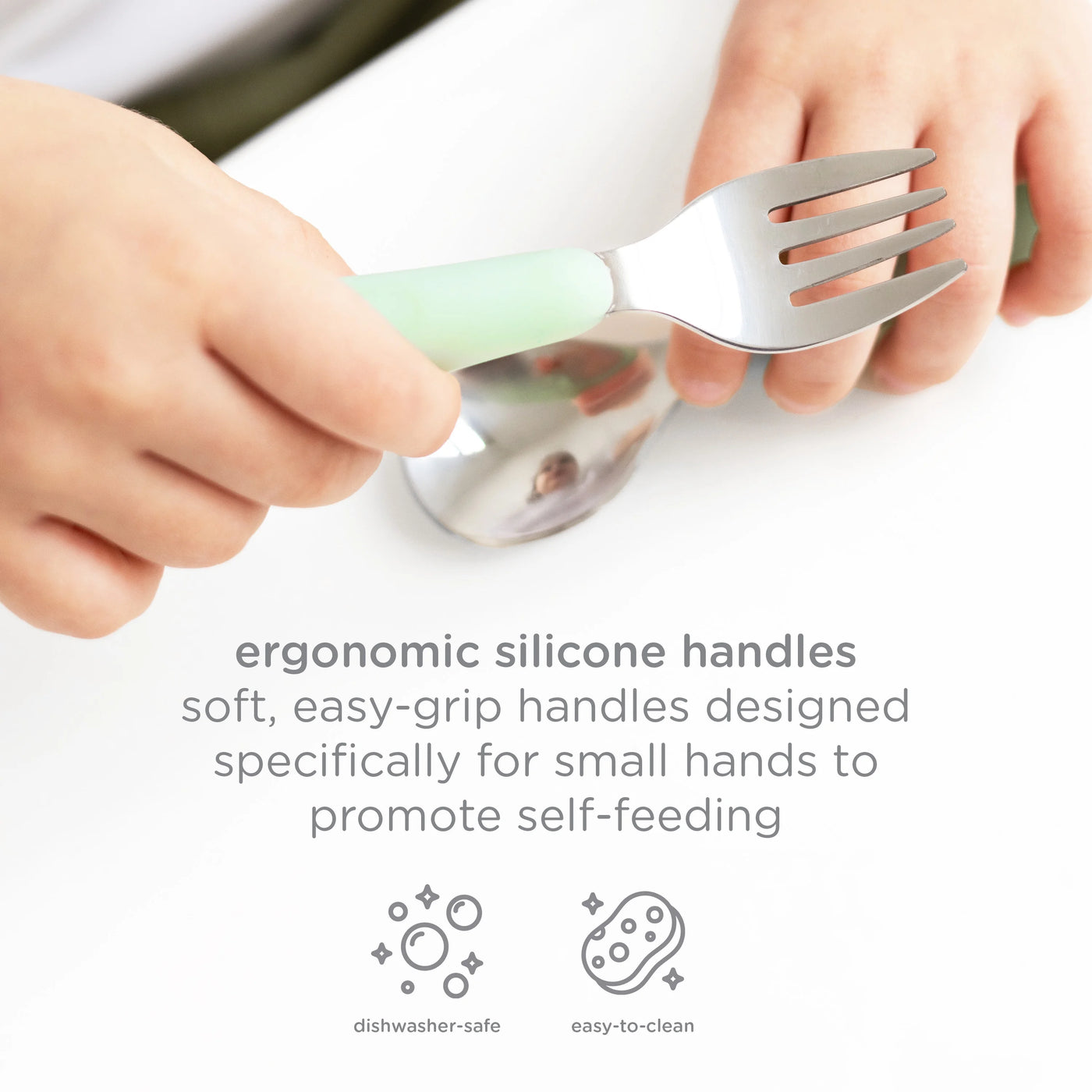 Stainless Steel Toddler Utensil Set, Includes 2 Forks and 2 Spoons, Polaris Blue and Sugar Snap Green, 4-Pack, Food Grade Silicone
