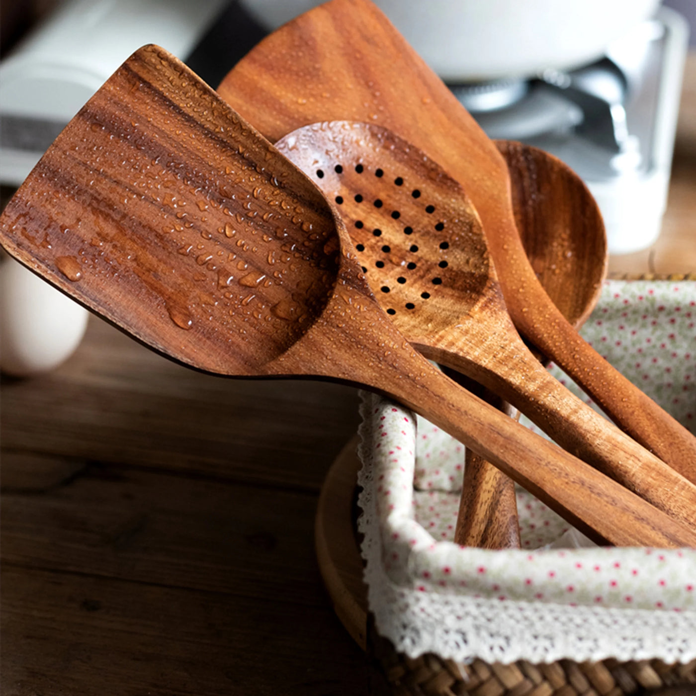 5-Piece Wooden Cooking Utensils Set, Natural Teak Kitchen Tools for Nonstick Cookware, Heat-resistant Wood Spatula, Turner, Skimmer, Salad Fork