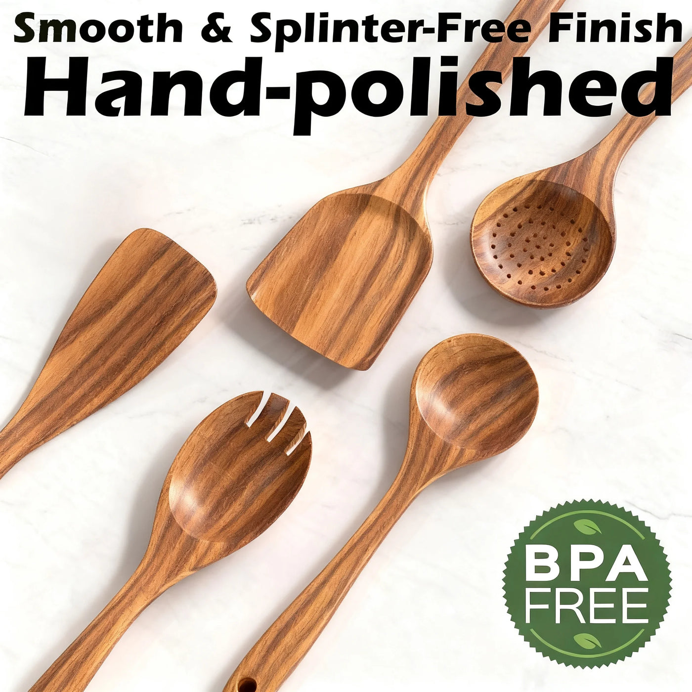 5-Piece Wooden Cooking Utensils Set, Natural Teak Kitchen Tools for Nonstick Cookware, Heat-resistant Wood Spatula, Turner, Skimmer, Salad Fork