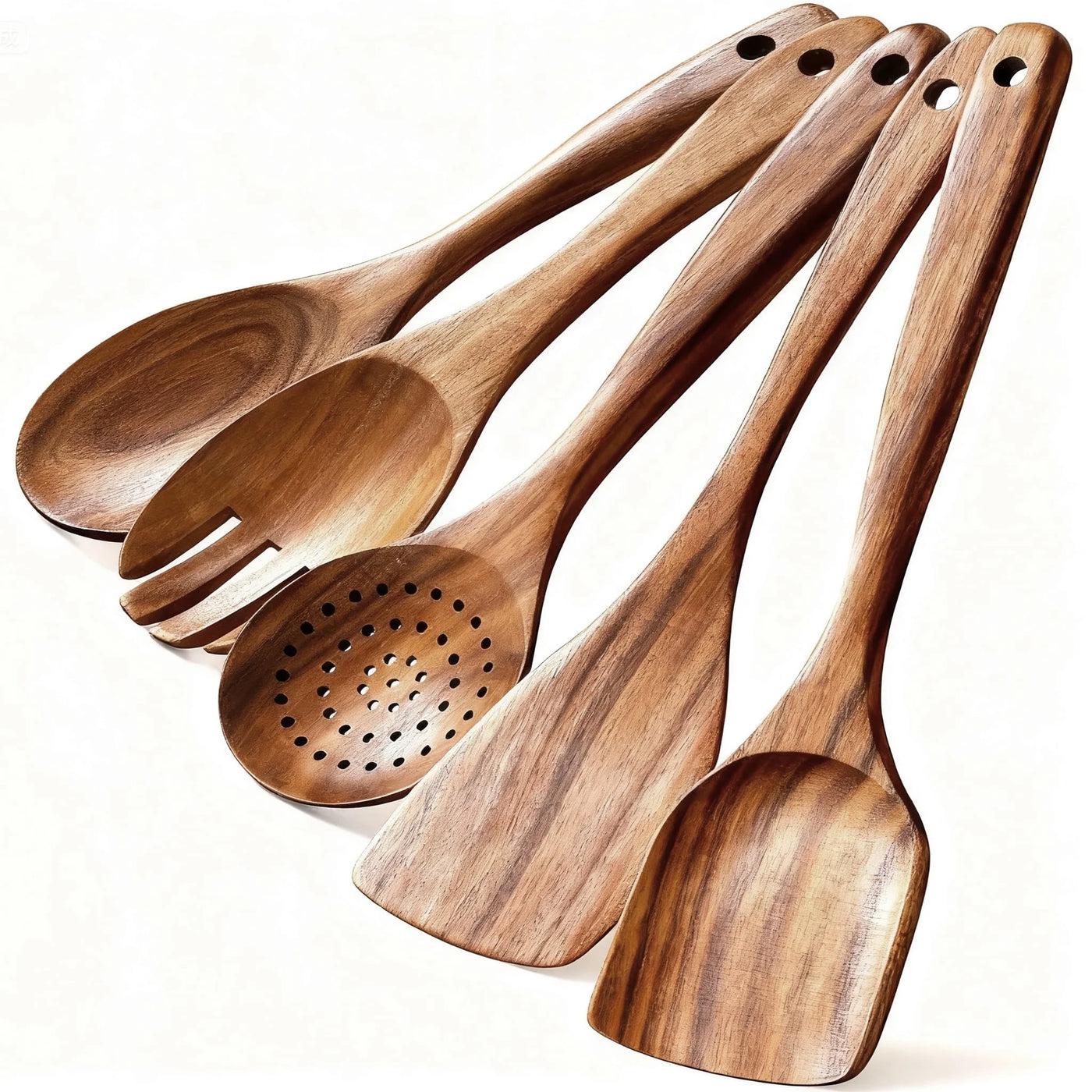 5-Piece Wooden Cooking Utensils Set, Natural Teak Kitchen Tools for Nonstick Cookware, Heat-resistant Wood Spatula, Turner, Skimmer, Salad Fork