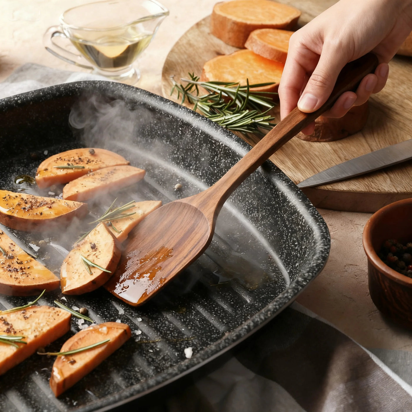 5-Piece Wooden Cooking Utensils Set, Natural Teak Kitchen Tools for Nonstick Cookware, Heat-resistant Wood Spatula, Turner, Skimmer, Salad Fork