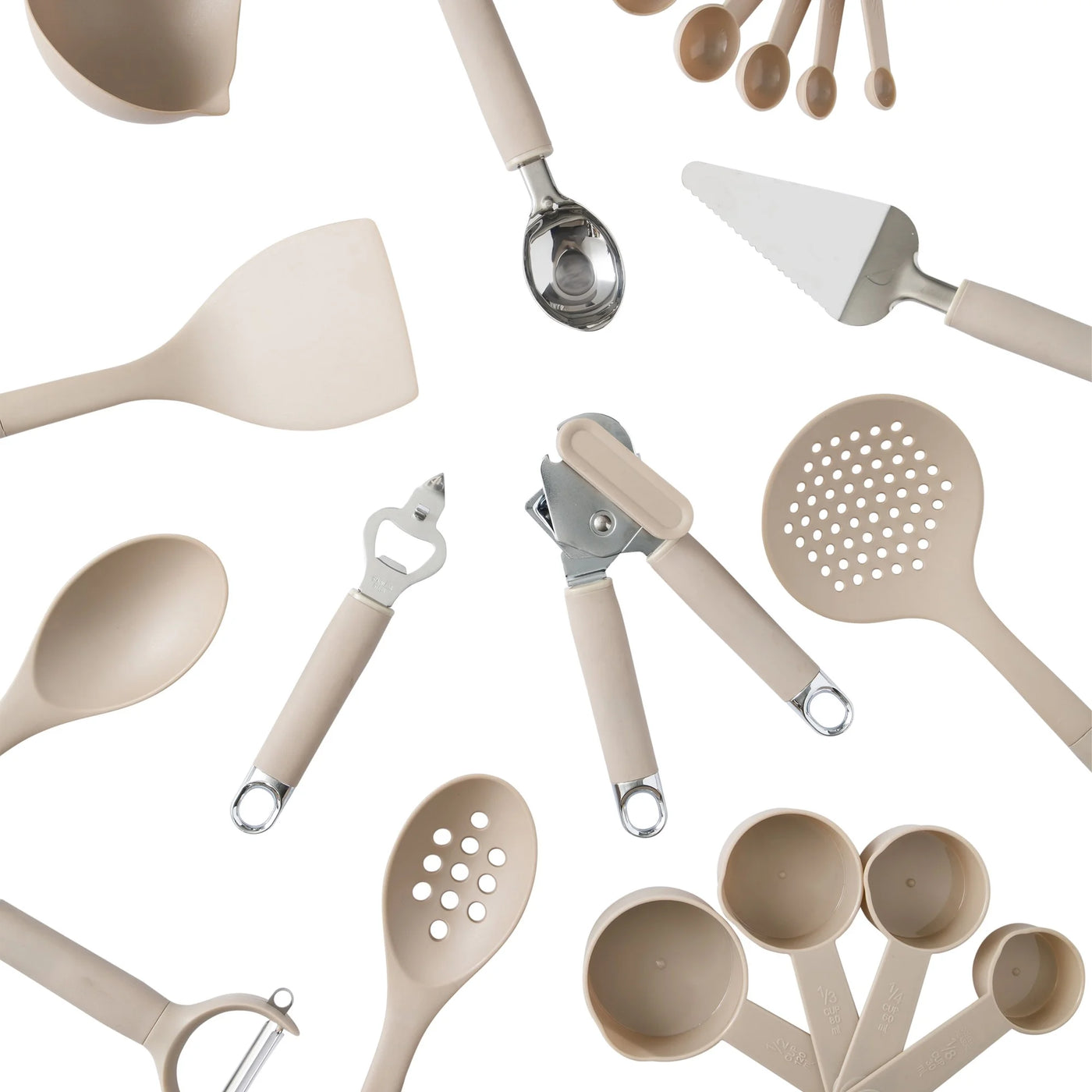 20-Piece Kitchen Gadget and Tool Set, Nylon Cooking Utensils with Spatulas, Ladle, Skimmer, Serving Spoons, Measuring Cups and Spoons, Can Opener