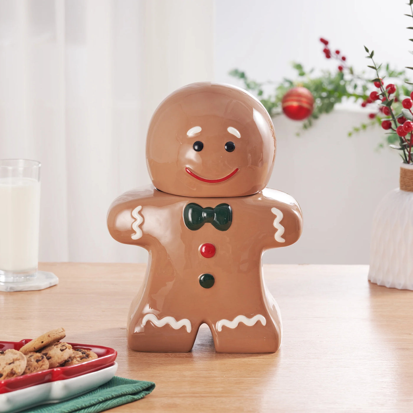 Holiday Time Ceramics Gingerbread Man Cookie Jar, Ceramic Cookie Jar for Kitchen Counter, Great for Cookies, Treats and Holiday Décor