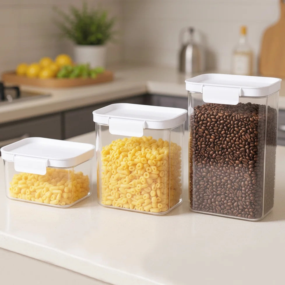 Small Rectangular Plastic Pantry Food Storage Container with Lid, Kitchen Dry Food Storage Canister Organizer, 6.9" W X 4.8" D X 3.7" H