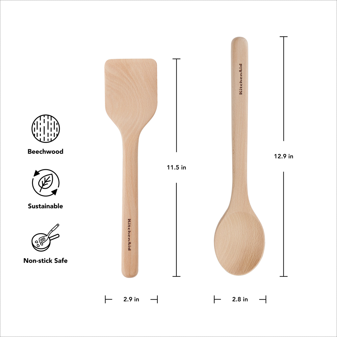 2-Piece Wooden Kitchen Cooking Utensils Set, Beech Wood, for Cooking, Mixing, Serving and Nonstick Cookware