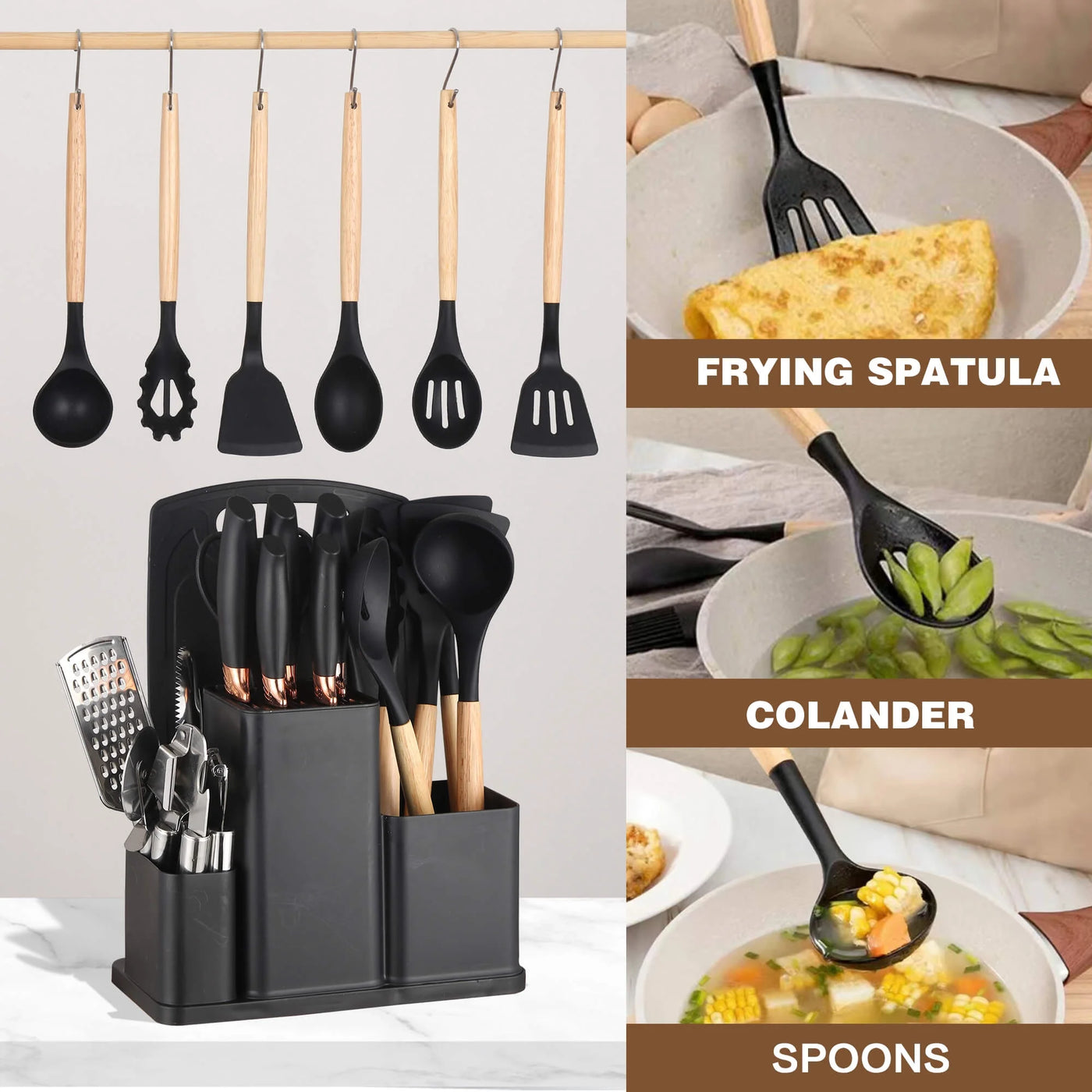 20-Piece Silicone Stainless Steel Cooking Utensils Set -multifunctional Kitchen Utensil Set, Black, for Cooking, Mixing, Serving and Nonstick Cookware