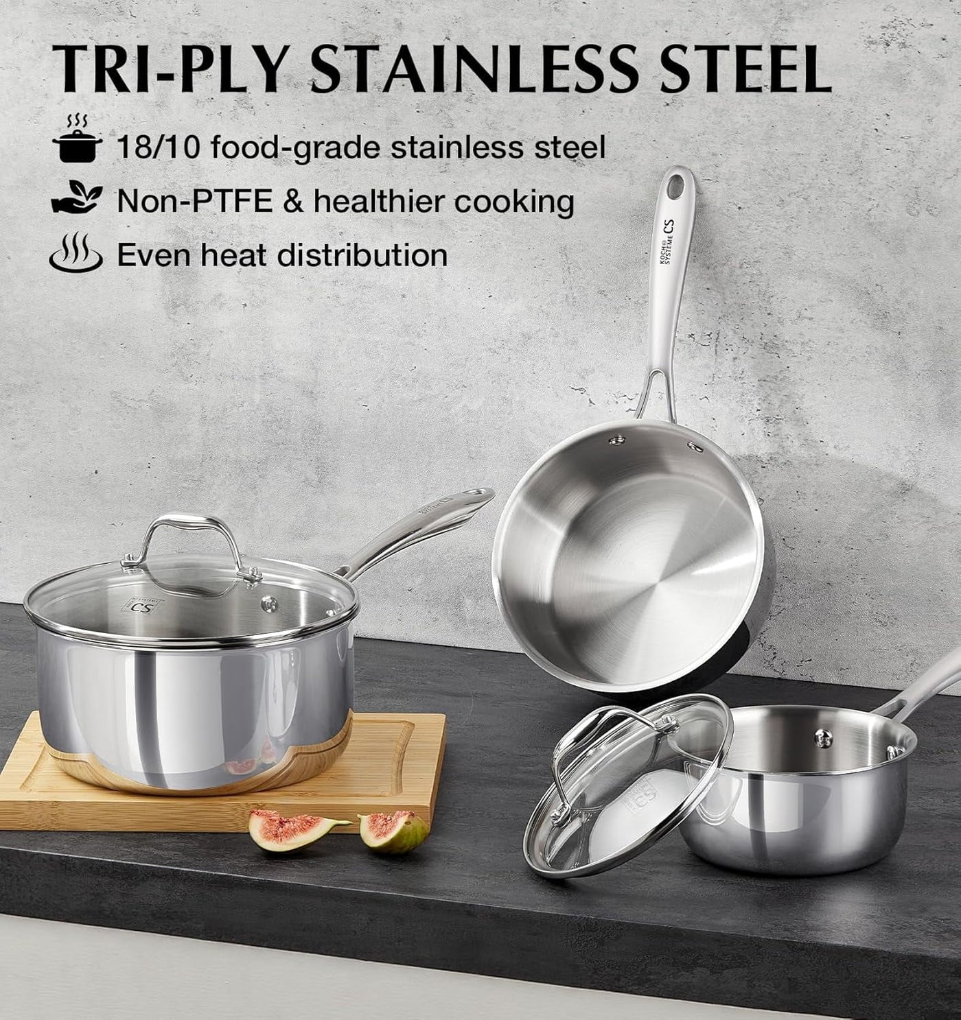 Cs 3-Quart Tri-ply Stainless Steel Saucepan with Lid and Stay-cool Handle, Induction Compatible, Oven Safe