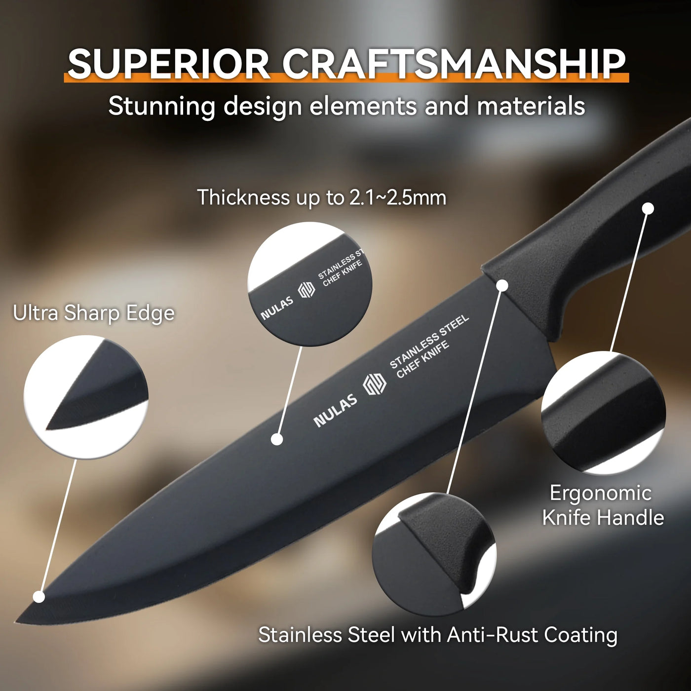 Set, 15-Piece Kitchen Knife Set with Block, Self-sharpening, Dishwasher Safe Knives and Anti-slip Handles, Black