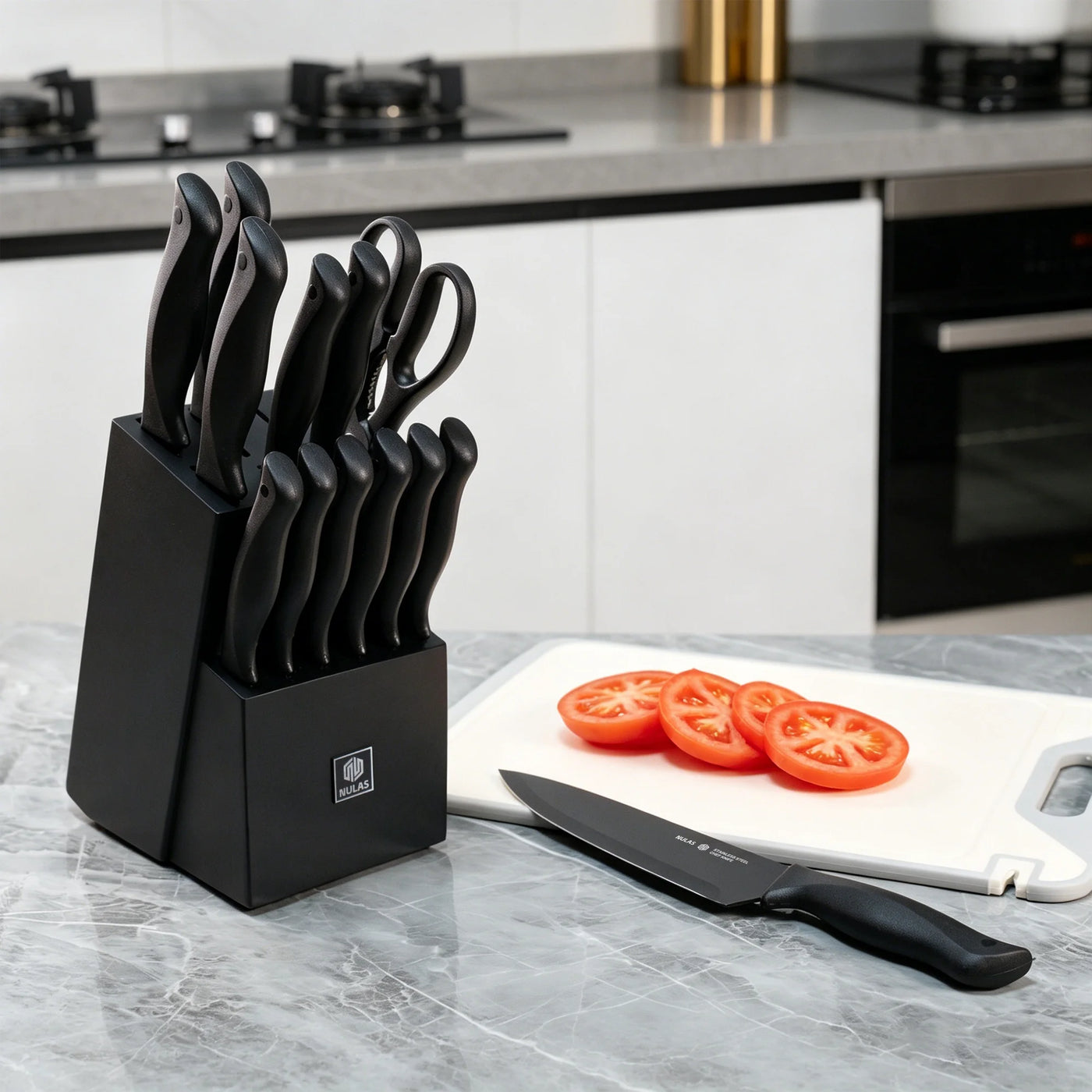 Set, 15-Piece Kitchen Knife Set with Block, Self-sharpening, Dishwasher Safe Knives and Anti-slip Handles, Black