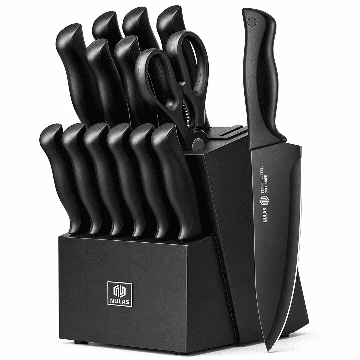 Set, 15-Piece Kitchen Knife Set with Block, Self-sharpening, Dishwasher Safe Knives and Anti-slip Handles, Black