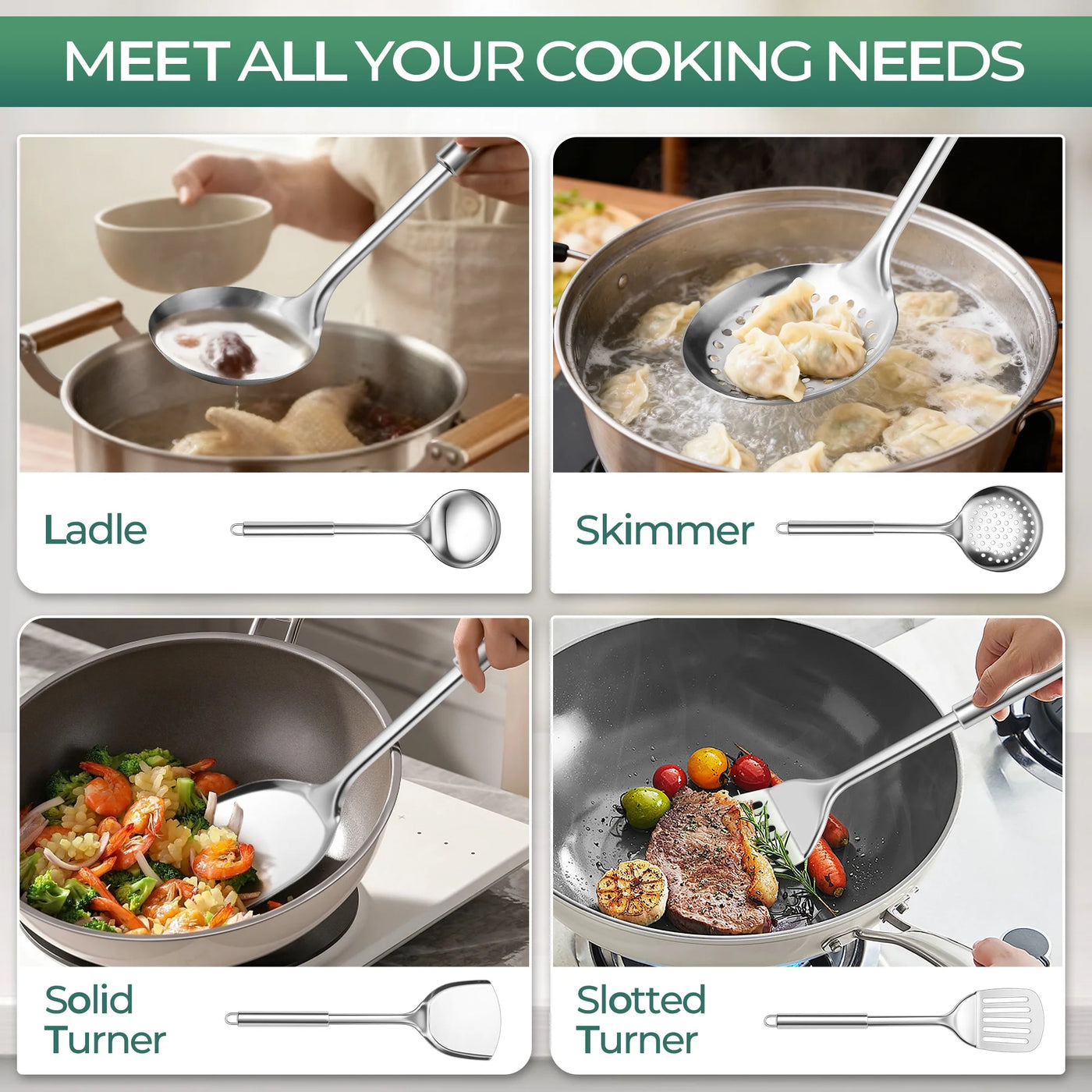 Kitchen Utensils Set, 7-Piece Stainless Steel Cooking Tools, Metal Kitchen Tools Set, Heat Resistant and Dishwasher Safe