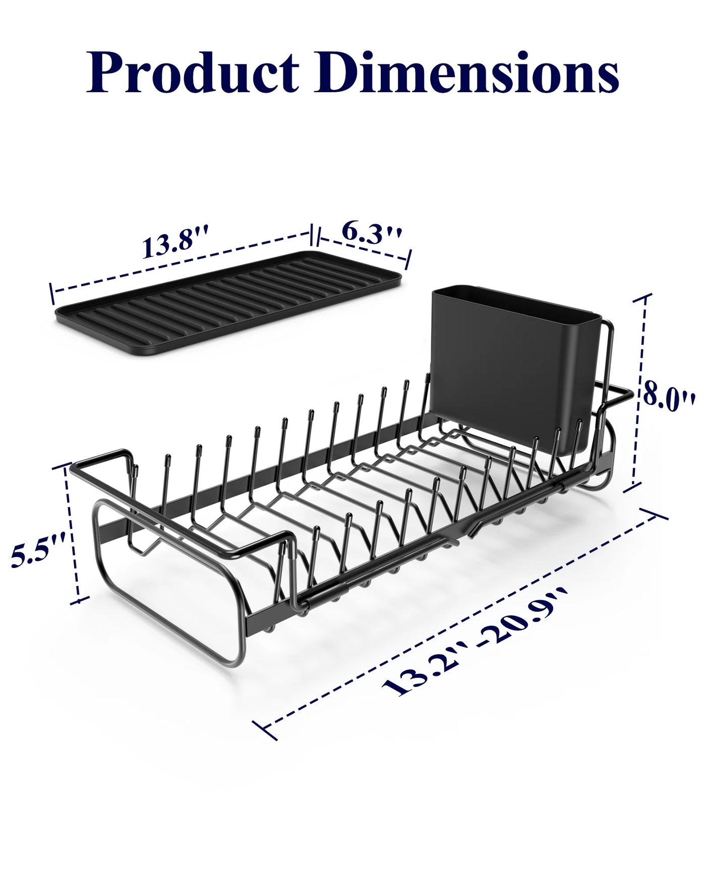 Dish Drying Rack with Drying Tray, Over Sink Dish Rack for Kitchen Counter, Removable Utensils Holder, Fits 14"-20.9" Sink, Black