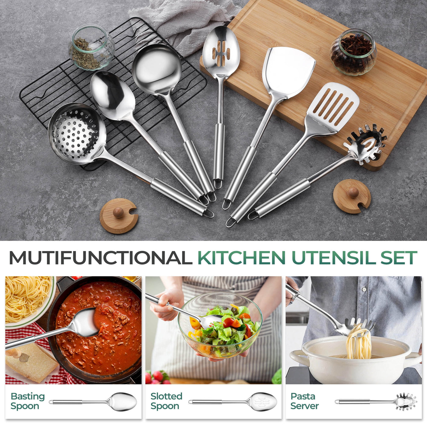 Kitchen Utensils Set, 7-Piece Stainless Steel Cooking Tools, Metal Kitchen Tools Set, Heat Resistant and Dishwasher Safe
