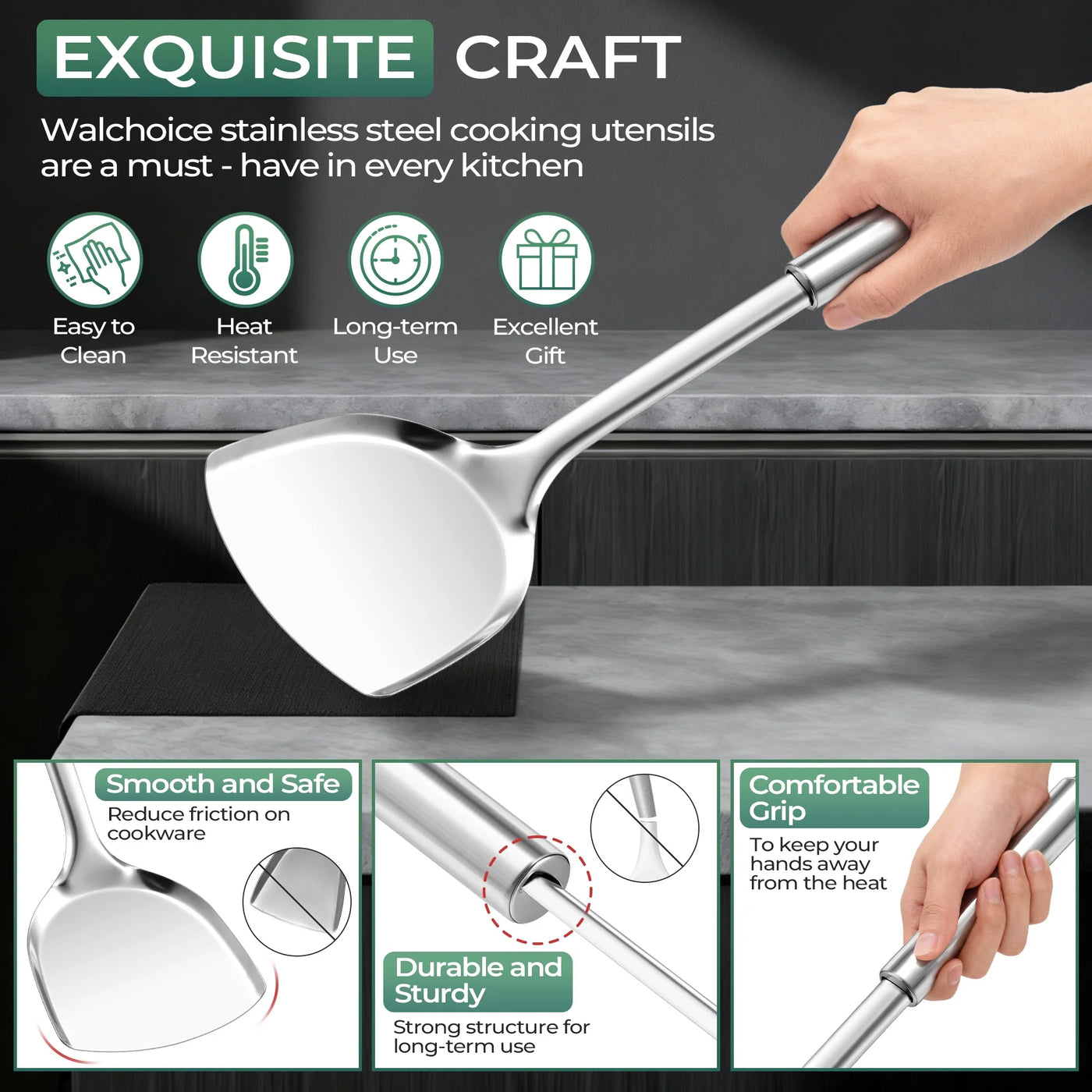 Kitchen Utensils Set, 7-Piece Stainless Steel Cooking Tools, Metal Kitchen Tools Set, Heat Resistant and Dishwasher Safe