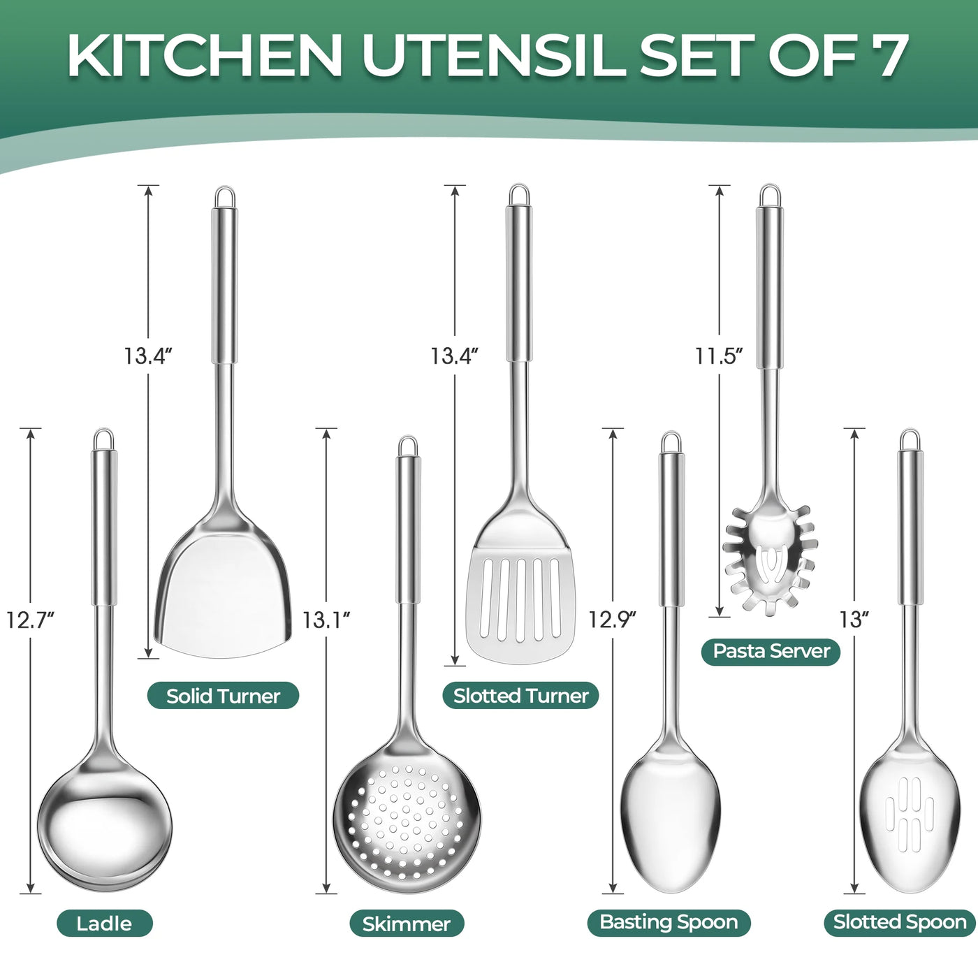 Kitchen Utensils Set, 7-Piece Stainless Steel Cooking Tools, Metal Kitchen Tools Set, Heat Resistant and Dishwasher Safe