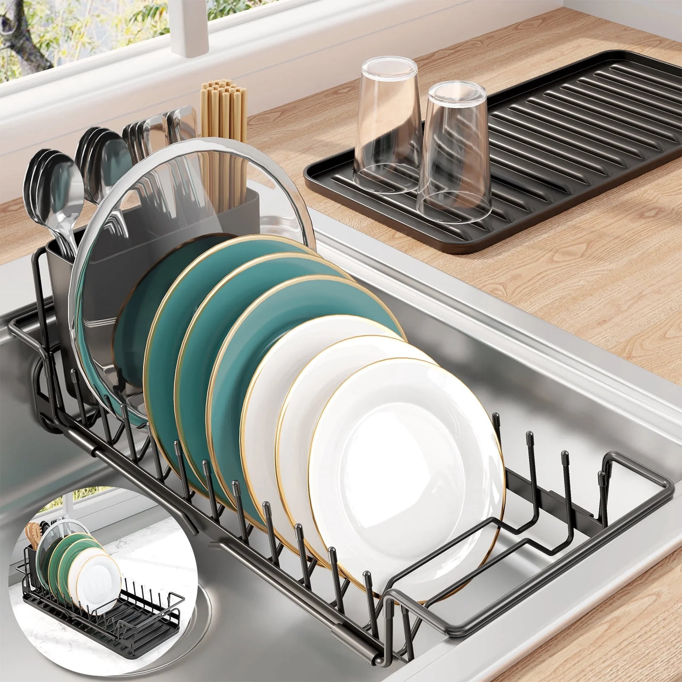 Dish Drying Rack with Drying Tray, Over Sink Dish Rack for Kitchen Counter, Removable Utensils Holder, Fits 14"-20.9" Sink, Black