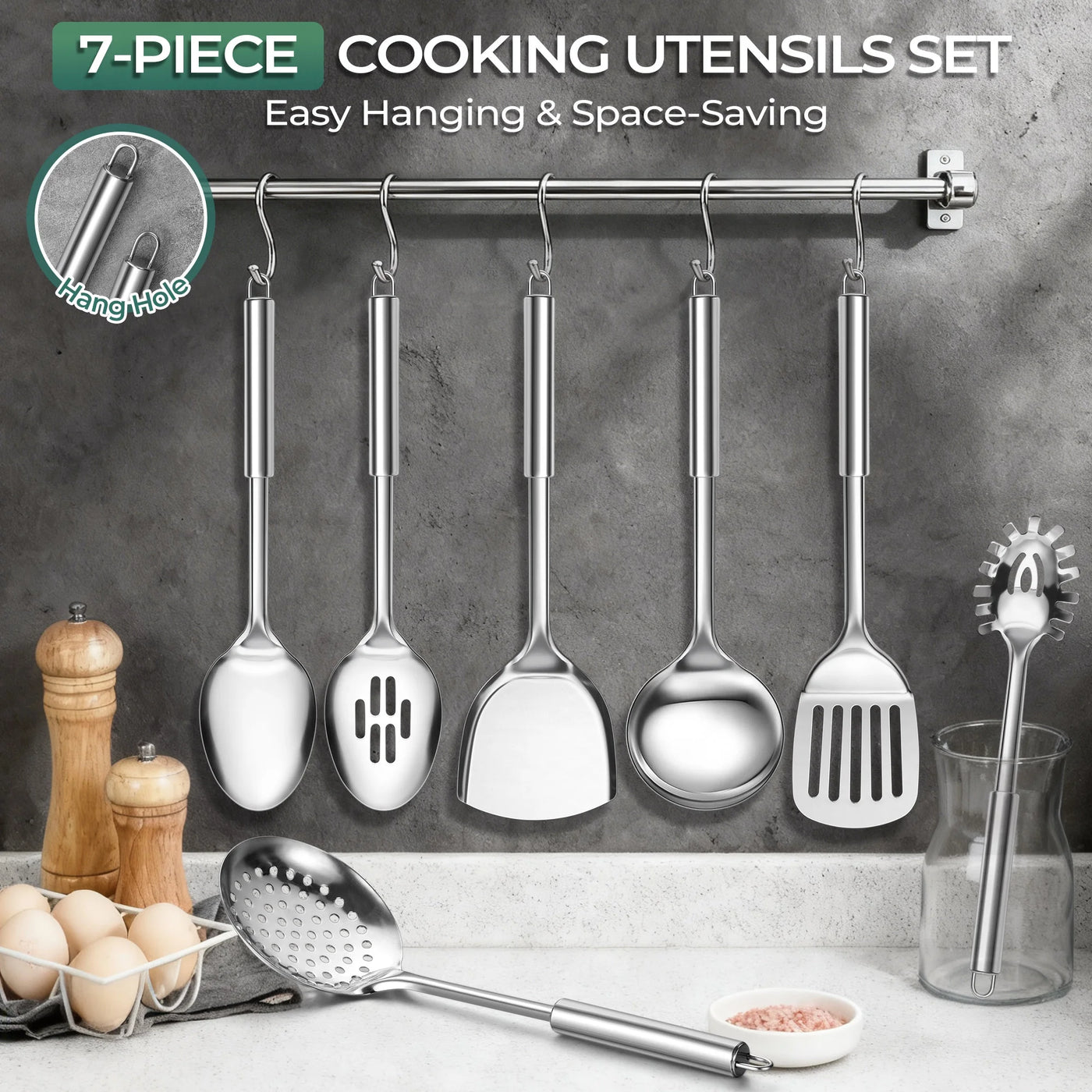 Kitchen Utensils Set, 7-Piece Stainless Steel Cooking Tools, Metal Kitchen Tools Set, Heat Resistant and Dishwasher Safe