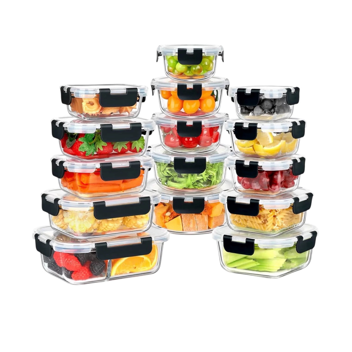 30-Piece Glass Food Storage Containers with Lids, Easy Lock Airtight Lid, for Meal Prep, Leftovers, Fruit, Fridge, Freezer, and Oven Safe