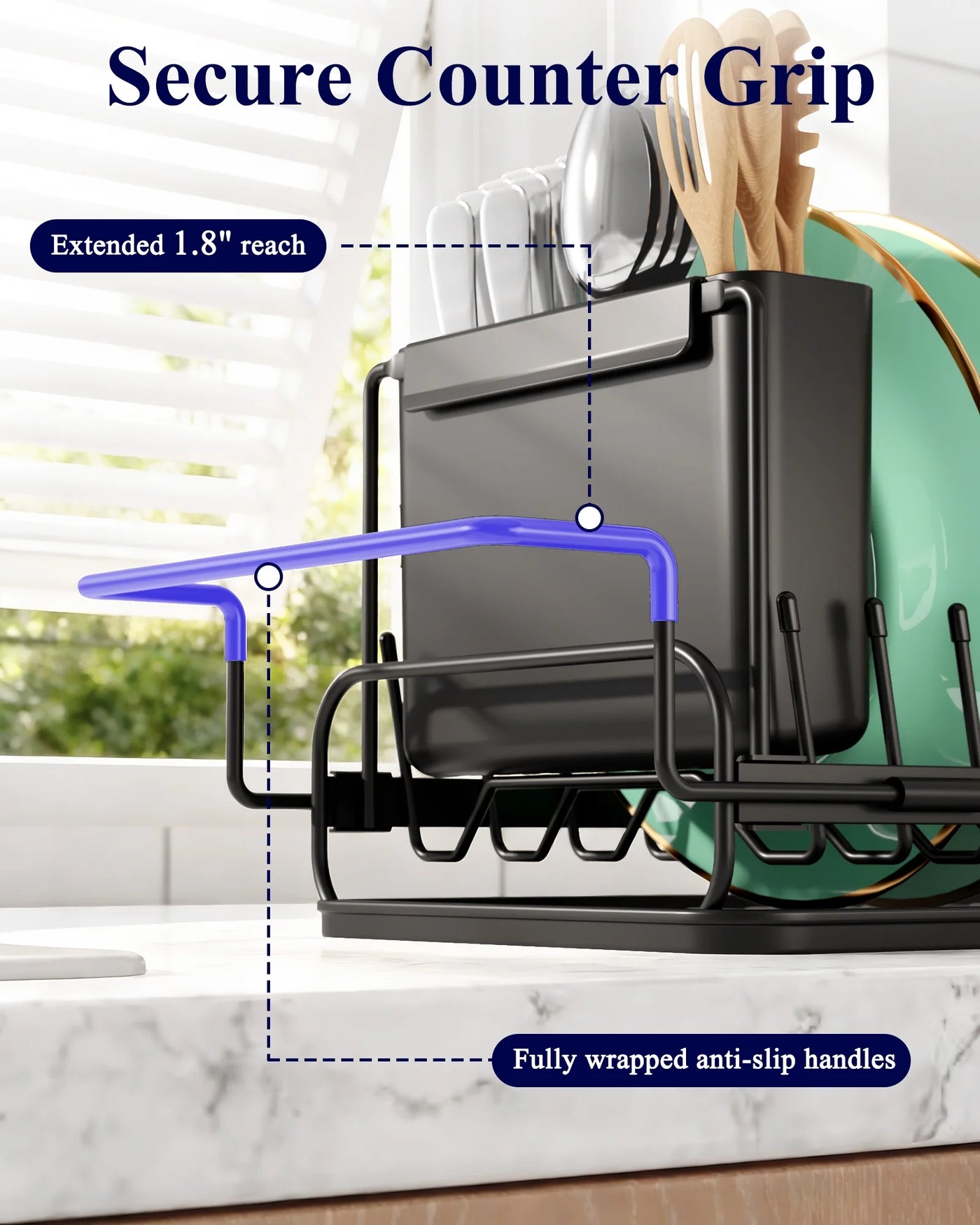 Dish Drying Rack with Drying Tray, Over Sink Dish Rack for Kitchen Counter, Removable Utensils Holder, Fits 14"-20.9" Sink, Black