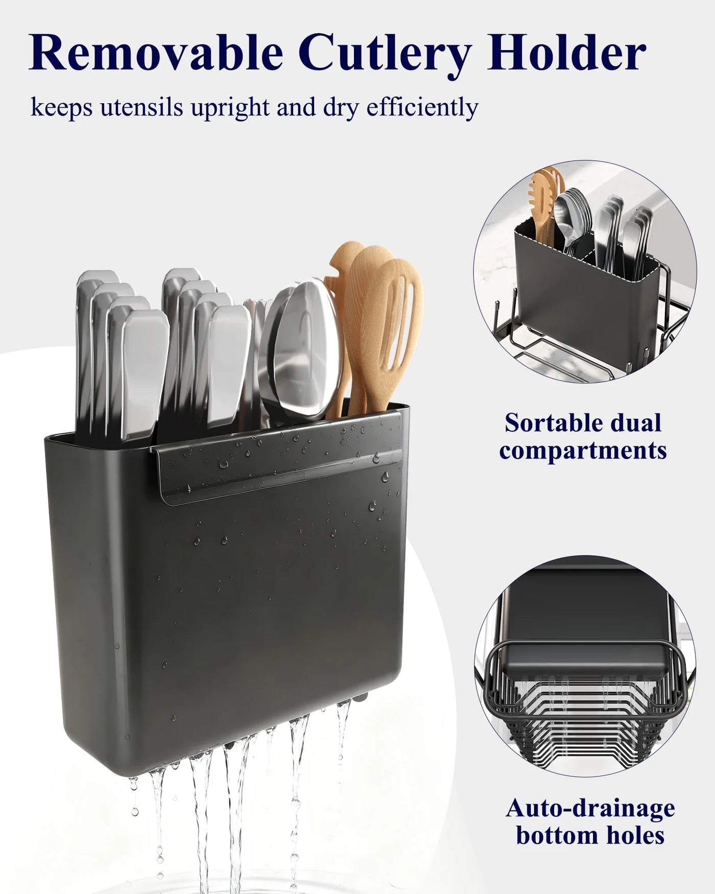Dish Drying Rack with Drying Tray, Over Sink Dish Rack for Kitchen Counter, Removable Utensils Holder, Fits 14"-20.9" Sink, Black