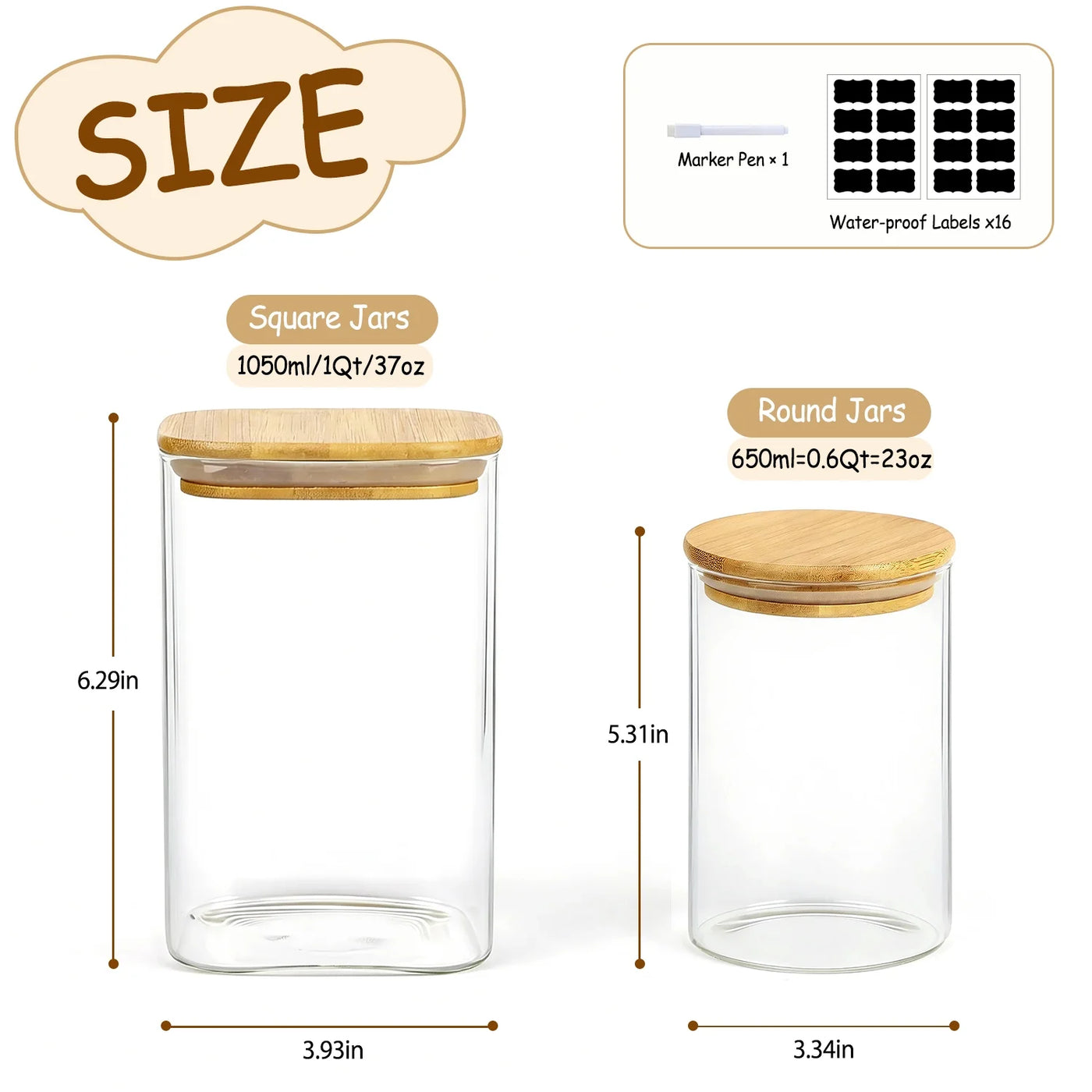 6-Pack Glass Storage Jars Set, 23oz and 37oz Clear Glass Food Storage Containers with Airtight Bamboo Lid, Stackable Kitchen Canisters for Candy