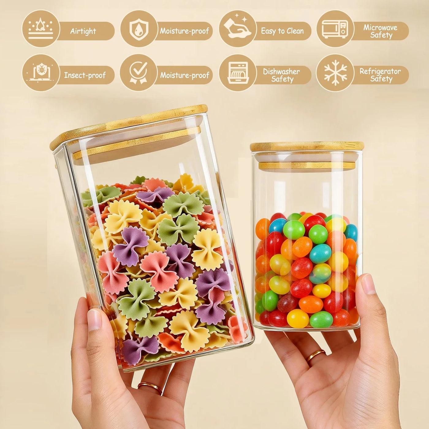 6-Pack Glass Storage Jars Set, 23oz and 37oz Clear Glass Food Storage Containers with Airtight Bamboo Lid, Stackable Kitchen Canisters for Candy