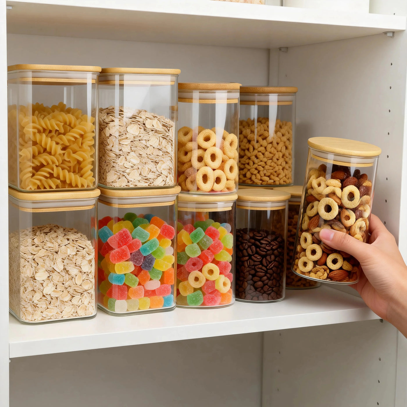 6-Pack Glass Storage Jars Set, 23oz and 37oz Clear Glass Food Storage Containers with Airtight Bamboo Lid, Stackable Kitchen Canisters for Candy