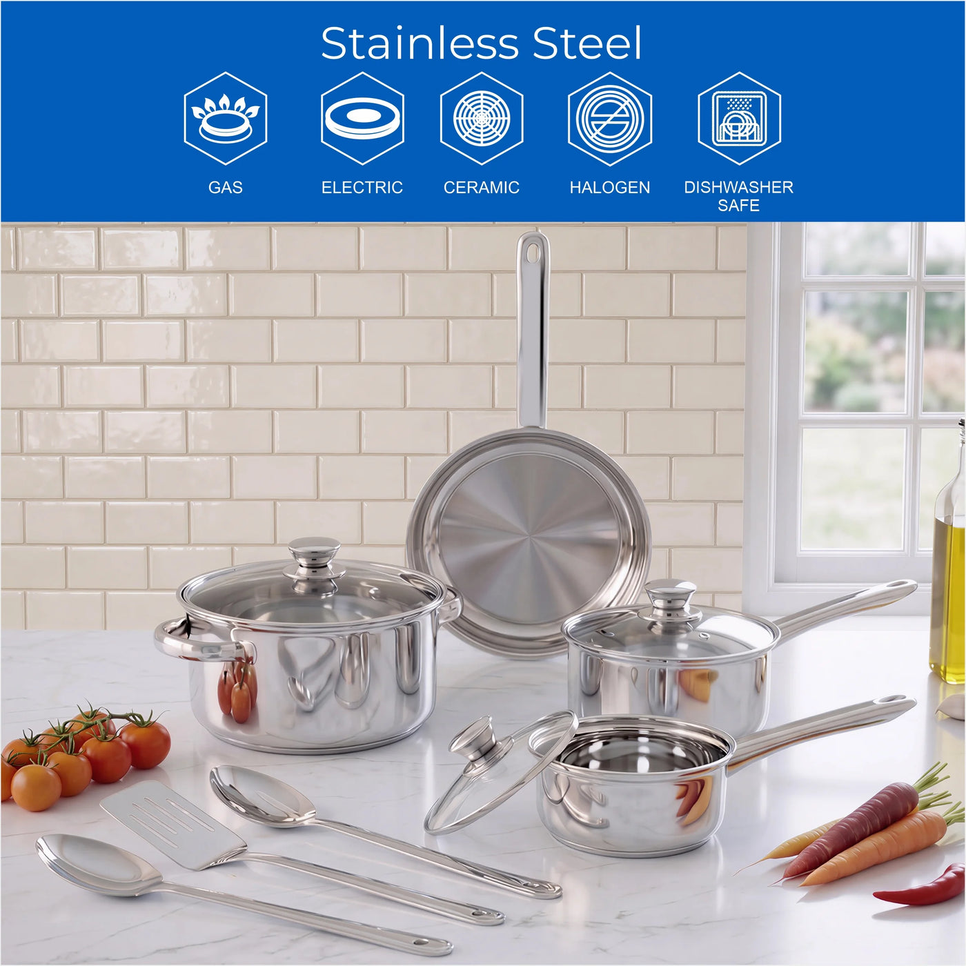 Stainless Steel 10-Piece Cookware Set with Lids and Kitchen Utensils, for Cooking, Mixing, Serving and Nonstick Cookware